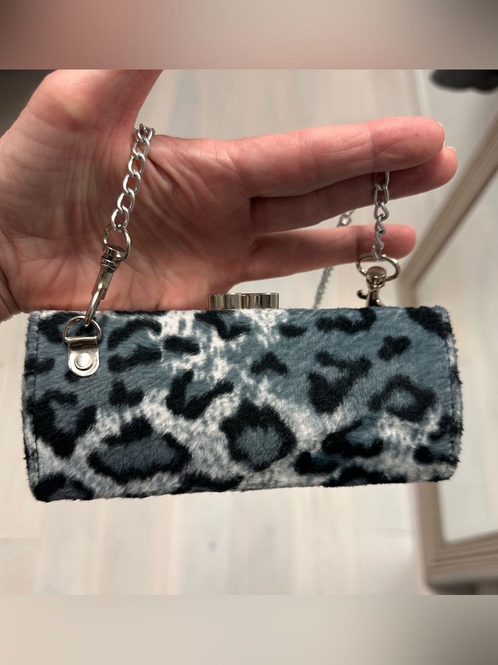 Faux Fur Leopard Print Crossbody Clutch - Blue/Black